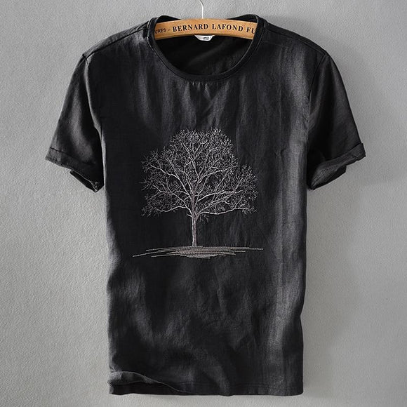 Black linen T-shirt with a Tree print