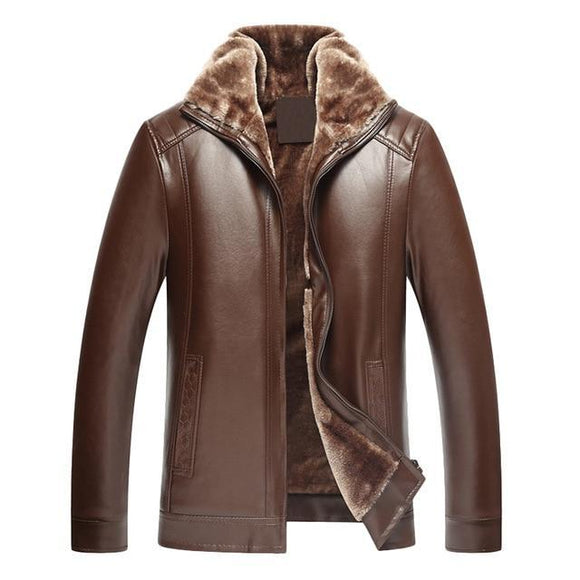 Classic Fleece lining PU  Leather Jacket (Brown)